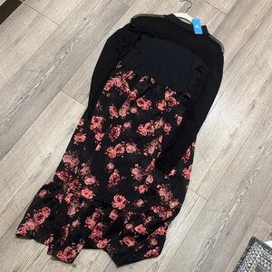 Cupshe maxi dress. Floral Black and Pink Women's dress, sheer top, long sleeve